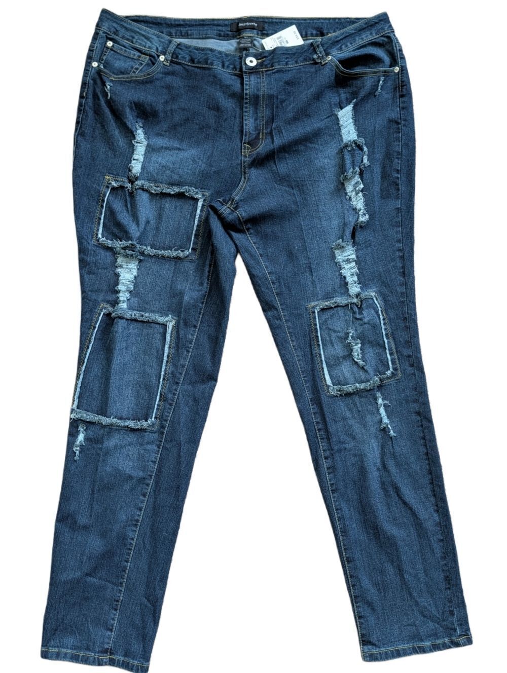Ashley Stewart Dark Blue Patchwork Distressed Tapered Denim Jeans NWT Size 24